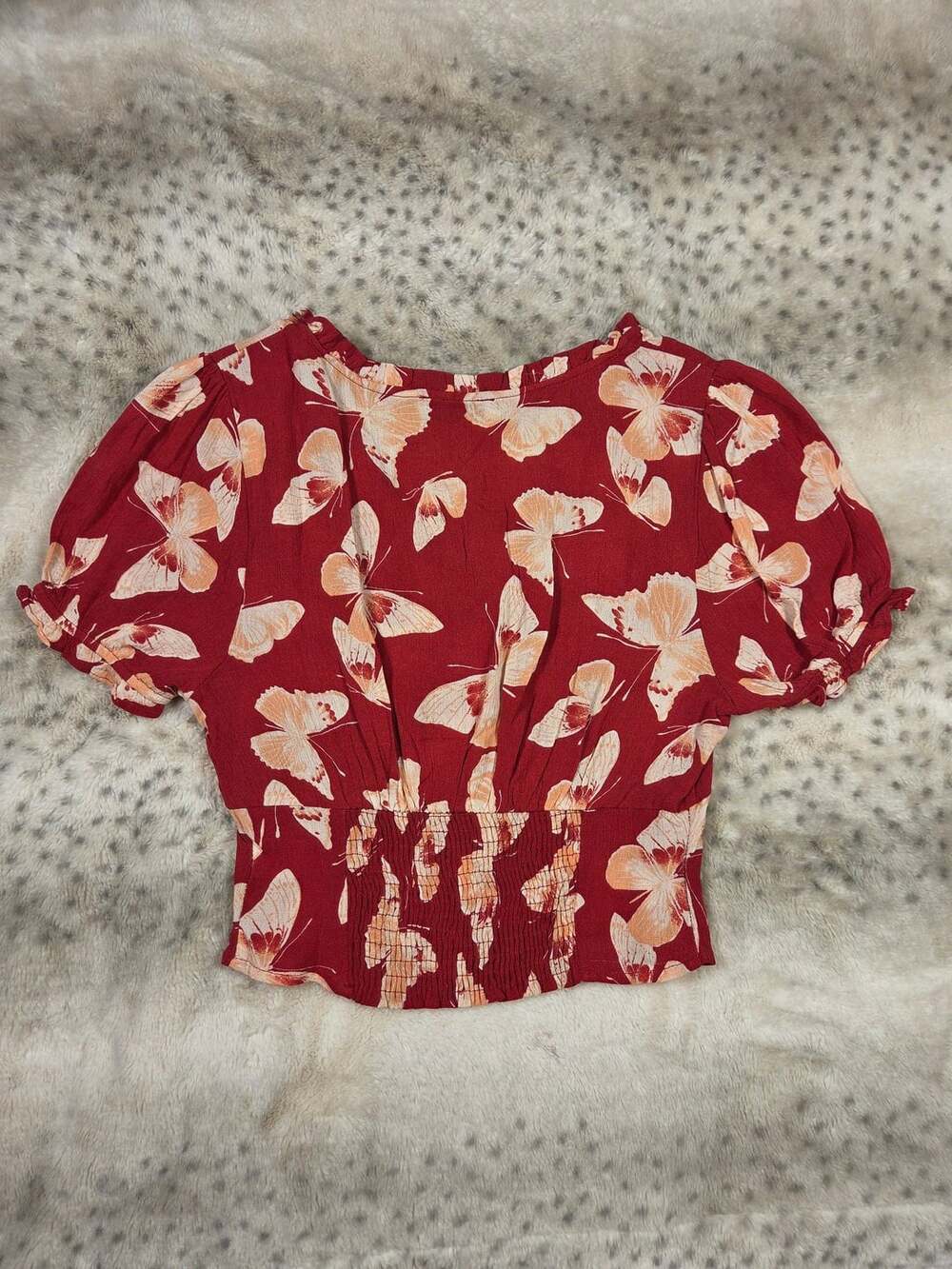 Paper Crane Red Butterfly Print V-Neck Crop Top with Smocked Back Waist, Size S - Picture 3 of 8
